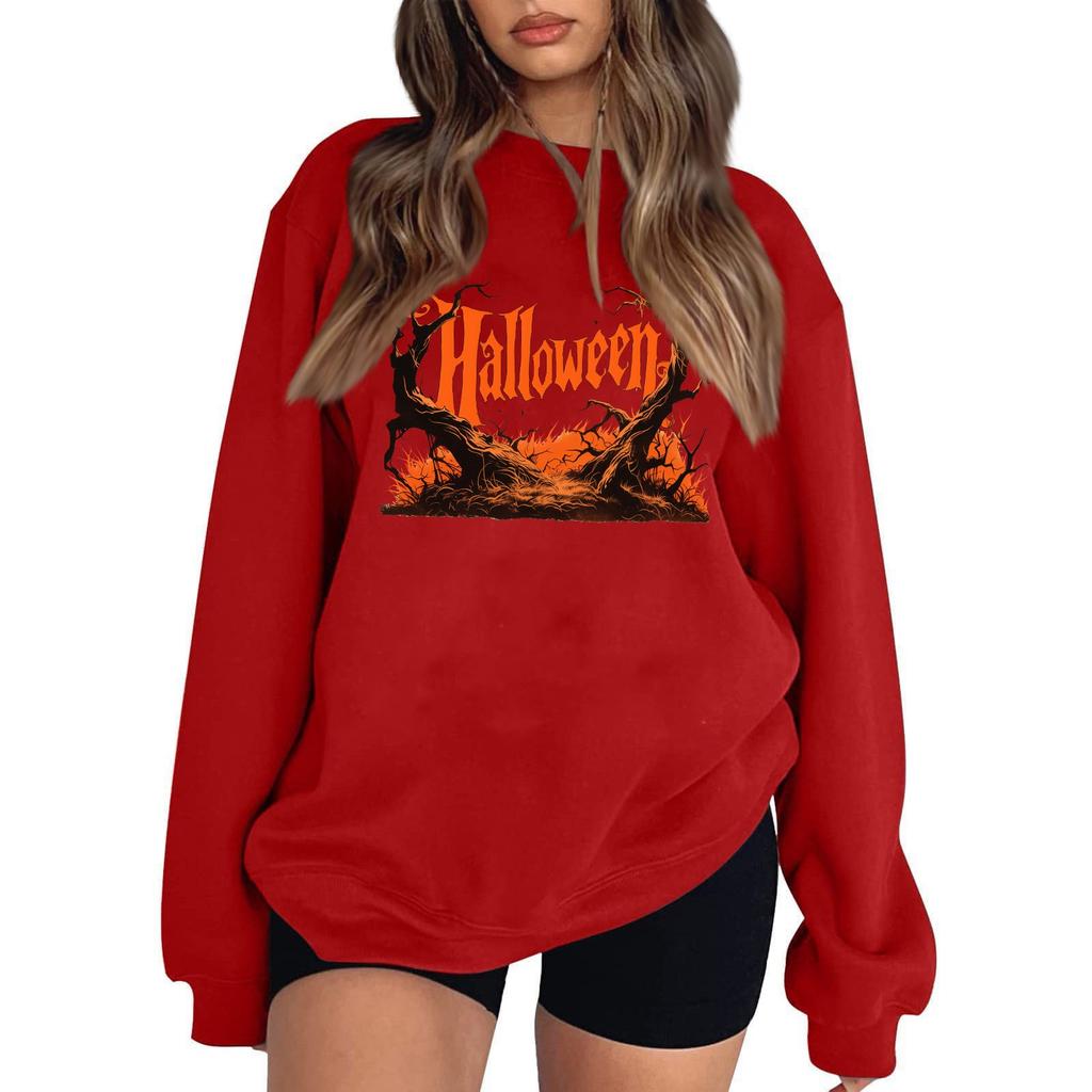 Women's Casual Round Neck Long Sleeved Pullover, Halloween Printed Top, Long Sleeved Hoodie
