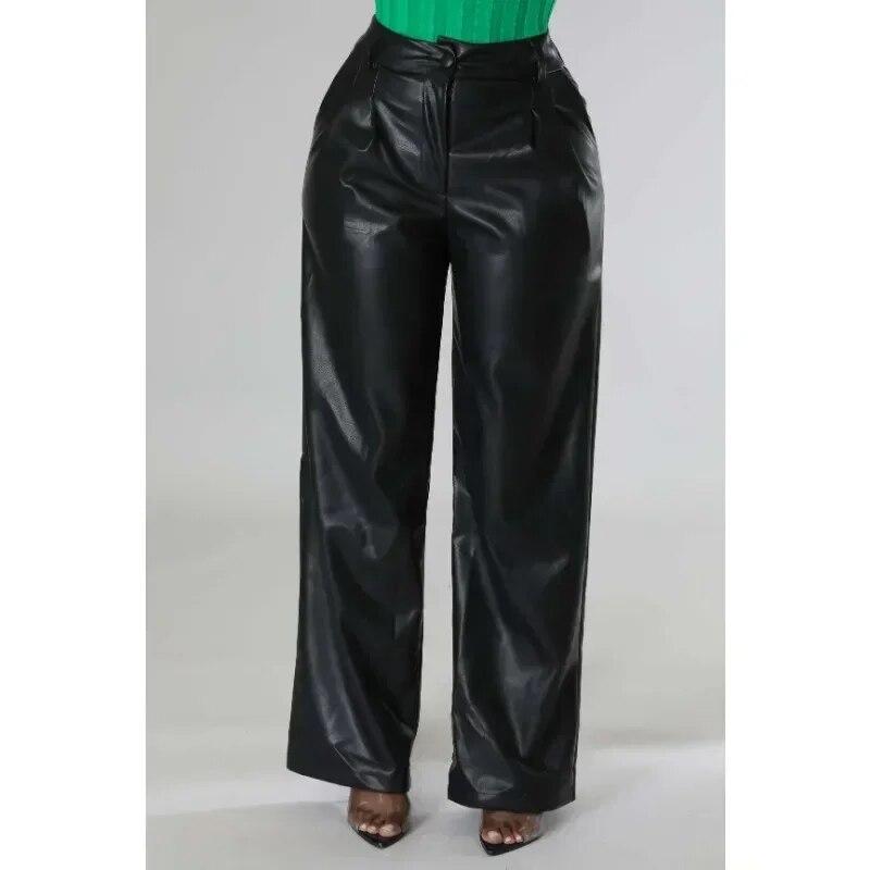 2023 Fashion Women PU Pants Autumn And Winter Casual Vinage Pocket Trousers Loose Wide Leg Leather Pants Elegant Pantalon 30033