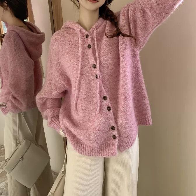 Осенне-зимний кардиган-куртка свободного кроя однотонный с капюшоном вязаный свитер топ для женщин