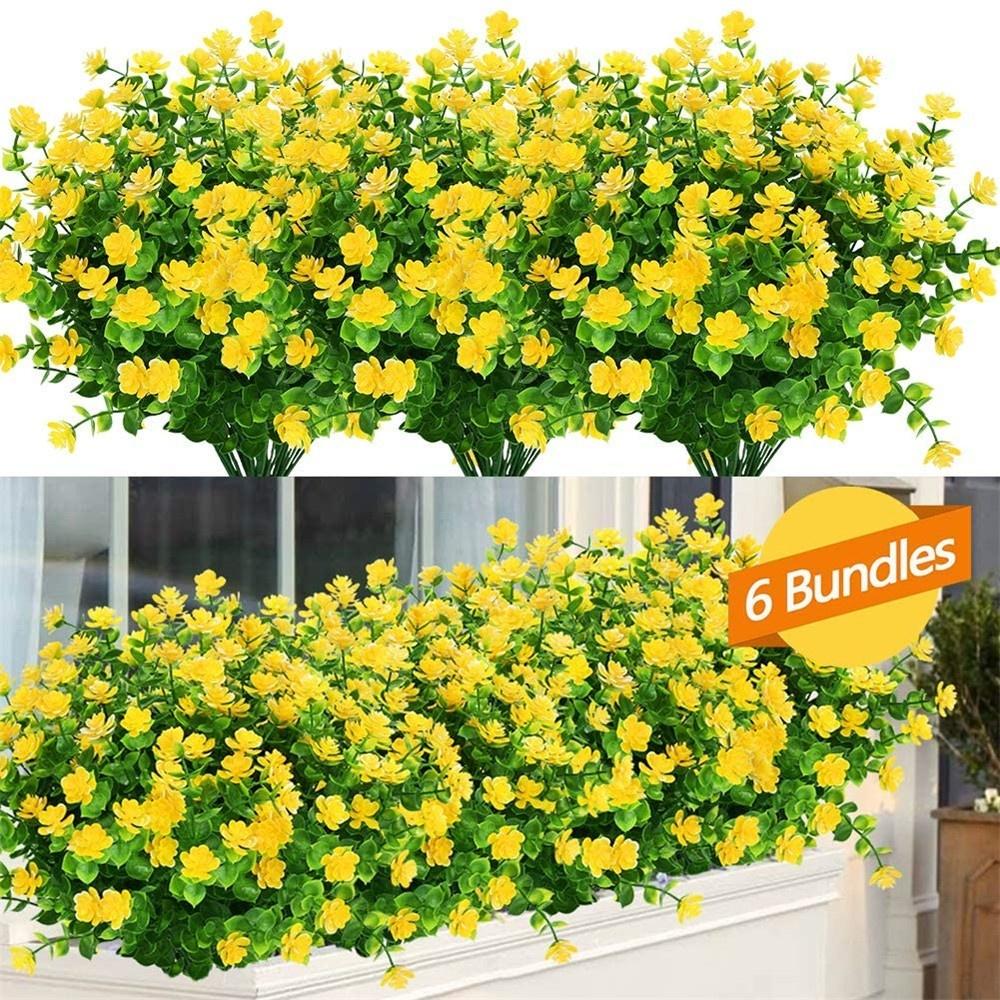6 Bundles Artificial Flowers UV Resistant Fake Plants Faux Plastic for Indoor Outdoor Hanging Plants Garden Porch Window Box Home Wedding Decor