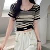 Summer Vintage Versatile Contrasting Striped Knitted Sweater for Women In Plus Size Loose Short Sleeved T-shirt