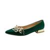 Flowers Pointed Toe Pumps for Women's 2024 New Green Silk Low Heels Shoes Woman Slip On Thin Heeled Lady Shoes Green Party Shoes
