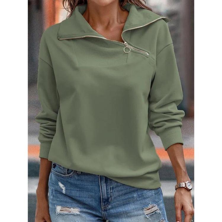 Fashion Loose Sweatshirt Hoodie for Women Autumn Solid Color High Neck Zipper Hooded Top