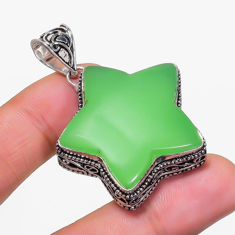 Green Chalcedony Gemstone 925 Sterling Silver Jewelry Pendant 1.97" KJ-1586