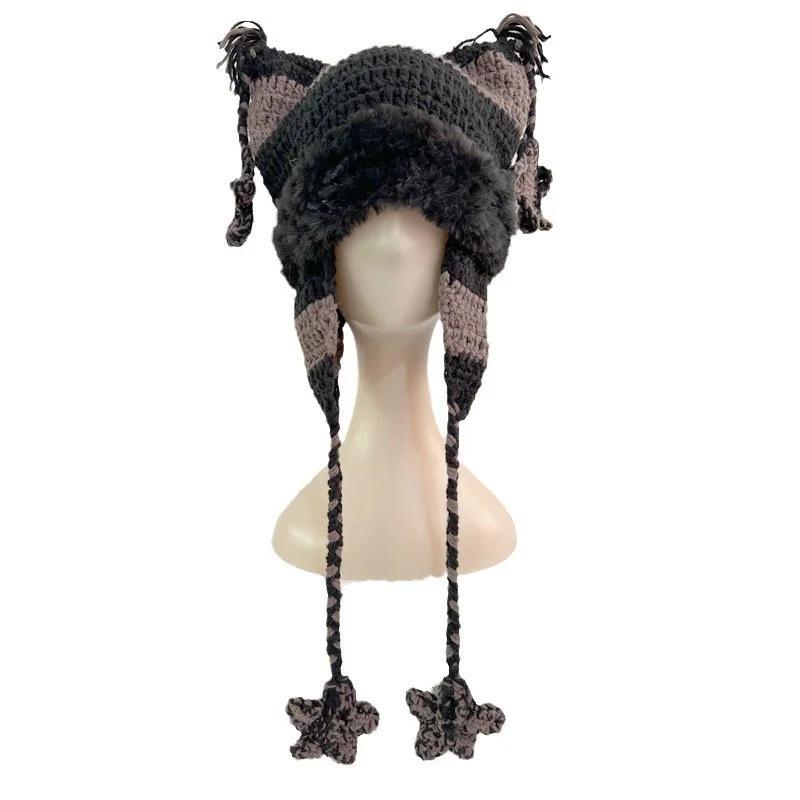Японский дизайнер Пентаграмма Skullies Beanie Женская Осенне-зимняя теплая защитная шапка для ушей ручной работы Вязаная шапка с кошачьими ушками в полоску Y2K