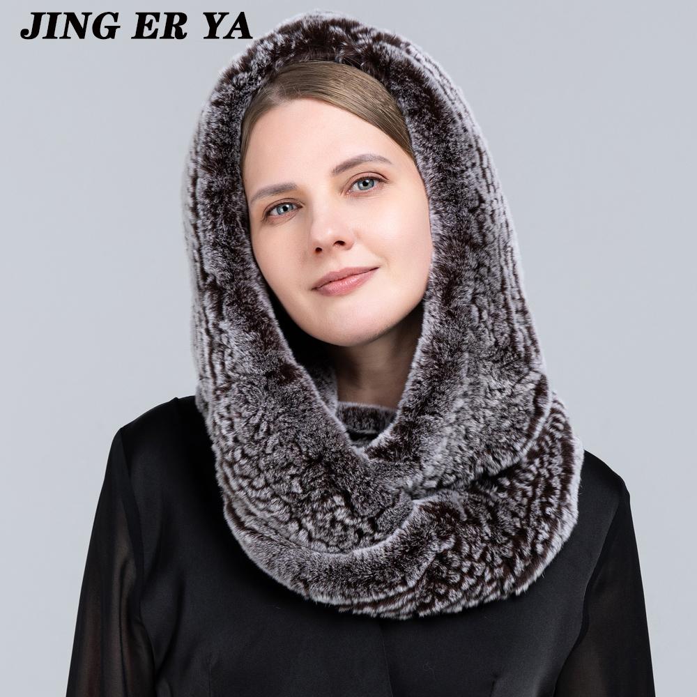 JINGERYA новая женская вязаная шапка с мехом кролика рекс, шарф с капюшоном, длинная зимняя теплая меховая шапка с шейным воротником, шарфы, шапка, шарф