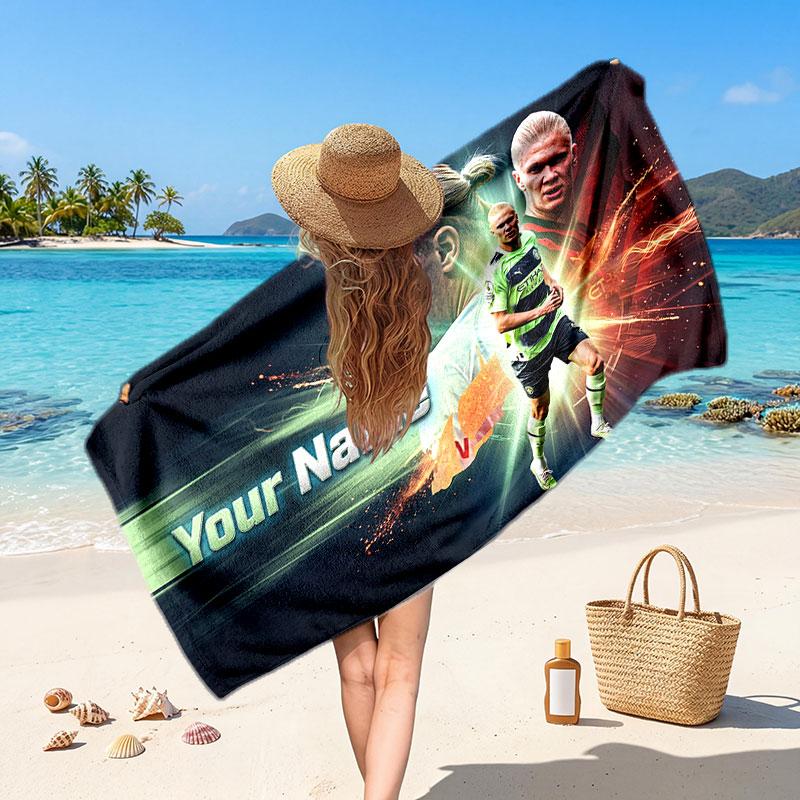 Erling Haaland Custom Beach Towel, Personalized Name Text Print, Football Logo Soft Quick‑Dry Towel Holiday Gift