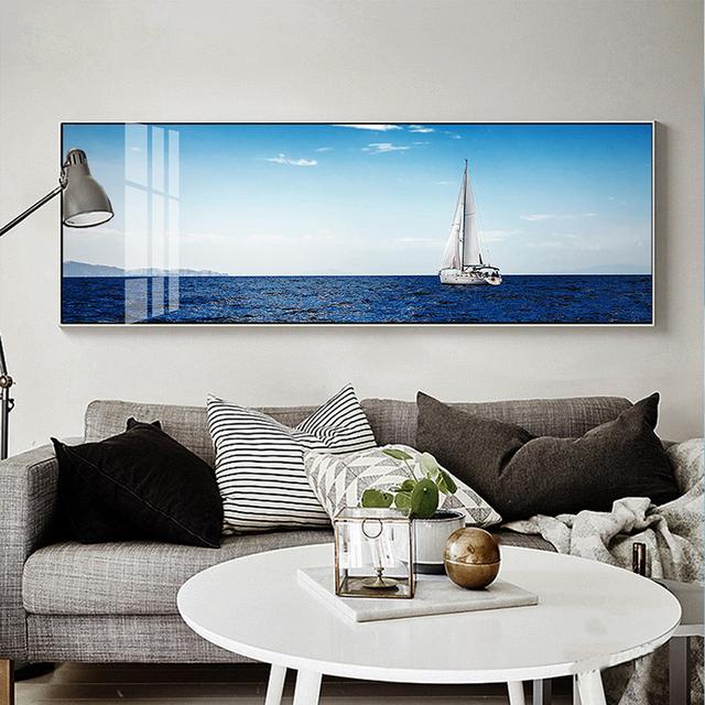 Голубое небо, облака, морской пейзаж, лодка, корабль, пейзаж, холст, живопись, постеры и принты, настенные панно для гостиной, домашний декор, без рамки