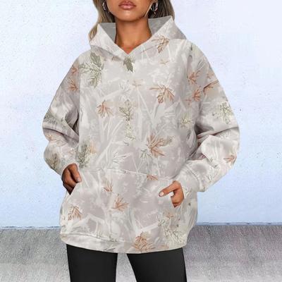 Осень Зима Женское Худи с Принтом Листьев, Большой Карман, Длинные Рукава, Толстое Теплое, Свободное, С Капюшоном, Камуфляж, Повседневное