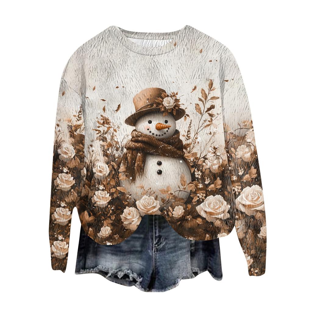 Women's Fashion Round Neck Pullover Top Long Sleeve Tee Christmas Printed Sweatshirt