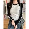 Real Shot Short Shoulder-plugged Long-sleeved T-shirt for Women's Autumn Slim-fitting and Thin Splicing Contrasting Striped Top