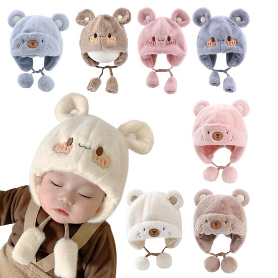 Winter Warm Baby Hats Toddler Earflap Bear Hat with Soft Ball Unisex Infant Snow Cap Fleece Warm Hemming Caps for Newborn