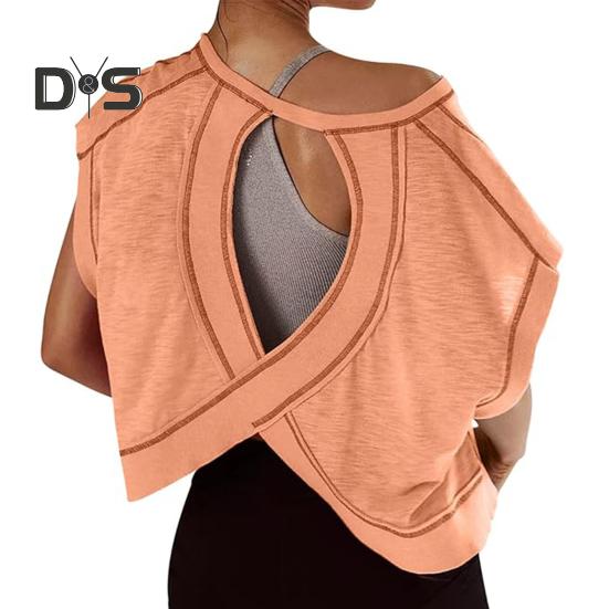 Женская футболка с круглым вырезом, коротким рукавом и открытой спиной, однотонная свободная футболка для тренировок, универсальная повседневная одежда