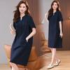 Women Summer Linen Cotton Dress V Neck Half Button Short Sleeve Midi Dress Loose Plus Size Elegant Mother Dress Casual Pocket Dresses