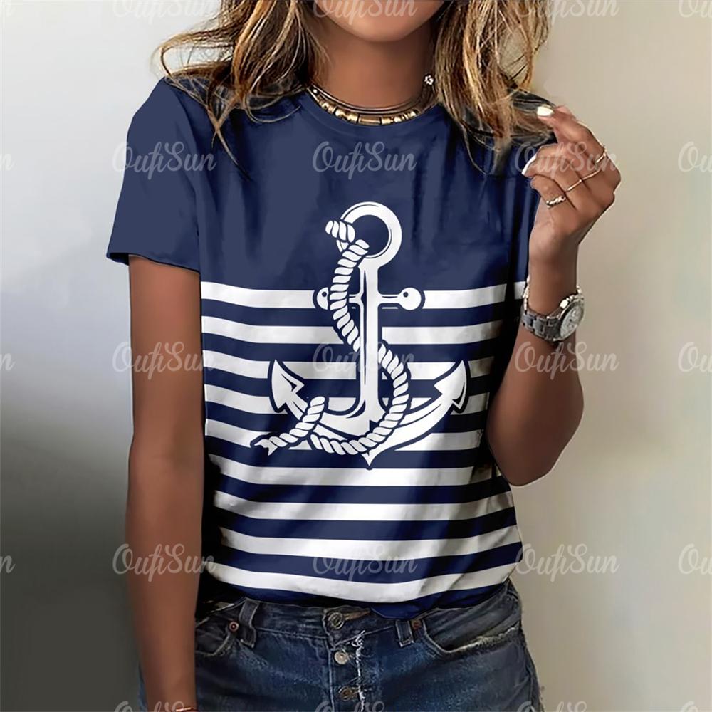 2024 новая стильная футболка для женщин, топ с принтом якоря, летние футболки большого размера для женской одежды, женская мода с круглым вырезом, большие размеры