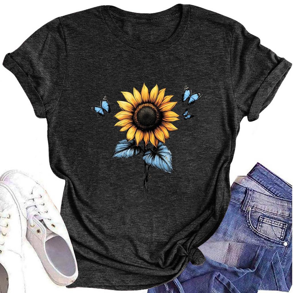 Women's Fashion Round Neck Short Sleeve T-Shirt Sunflower Printed Casual Top