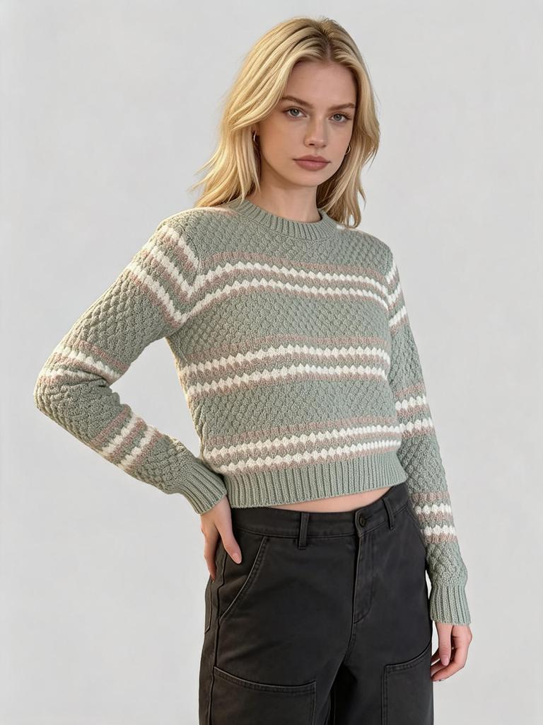 Winter new European and American short knit sweater for women, crew neck striped color-block slimming top