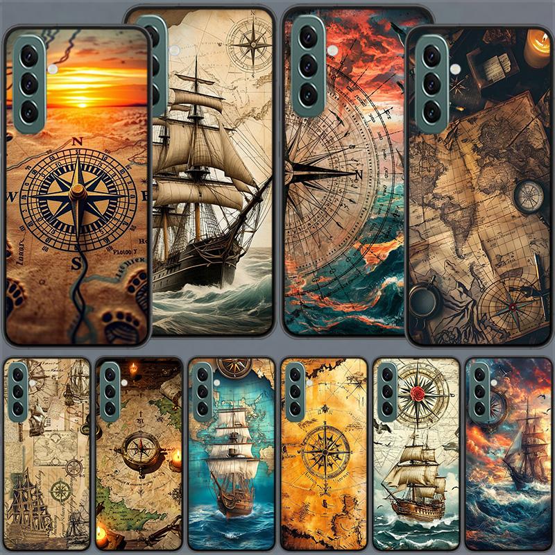 Compass Map Voyage Phone Case for Samsung A54 A14 A24 A34 A17 A37 A57 A55 A35 A25 A15 A07 A05S A04S A12 A22 A32 A52S A72 Galaxy