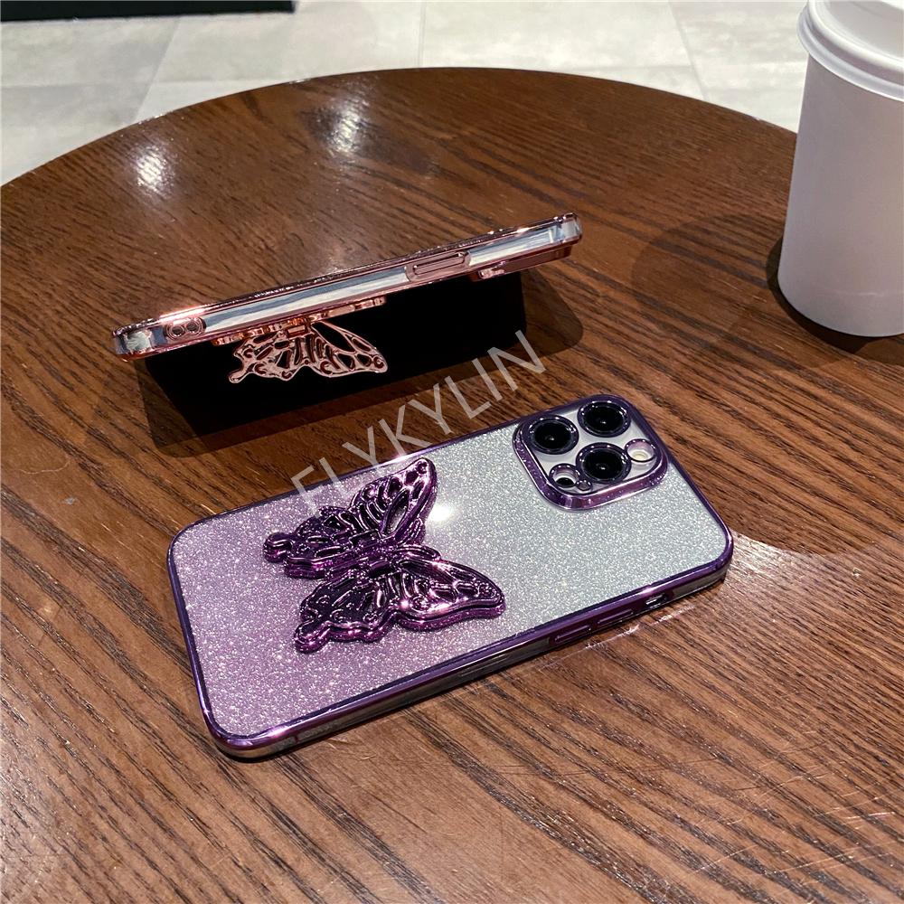 3D Butterfly Phone Holder Bracelet Glitter Plating Case For Samsung A16 A06 A55 A15 A25 A35 A05S A54 A24 A34 A14 A04 Stand Cover