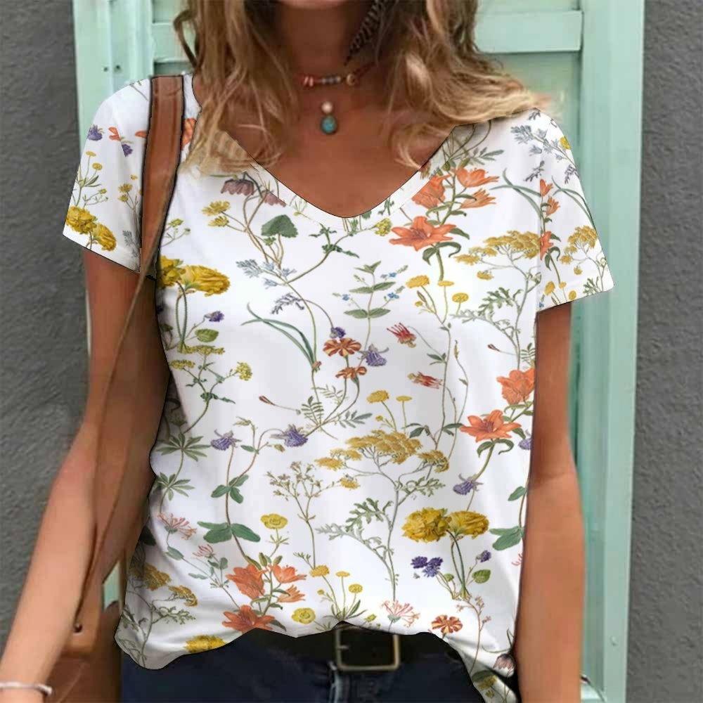Bohemian-style Print Women's T-shirt Retro Ethnic Pattern V-neck Short