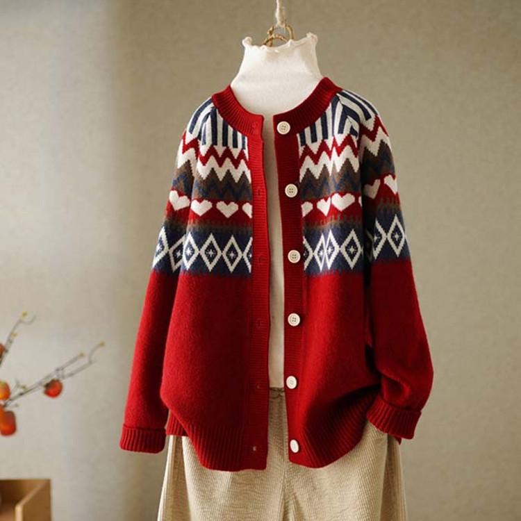 Женский ретро жаккардовый кардиган с круглым вырезом, свободной вязки, весенне-осенний, в этническом стиле, свитер-пальто, топ