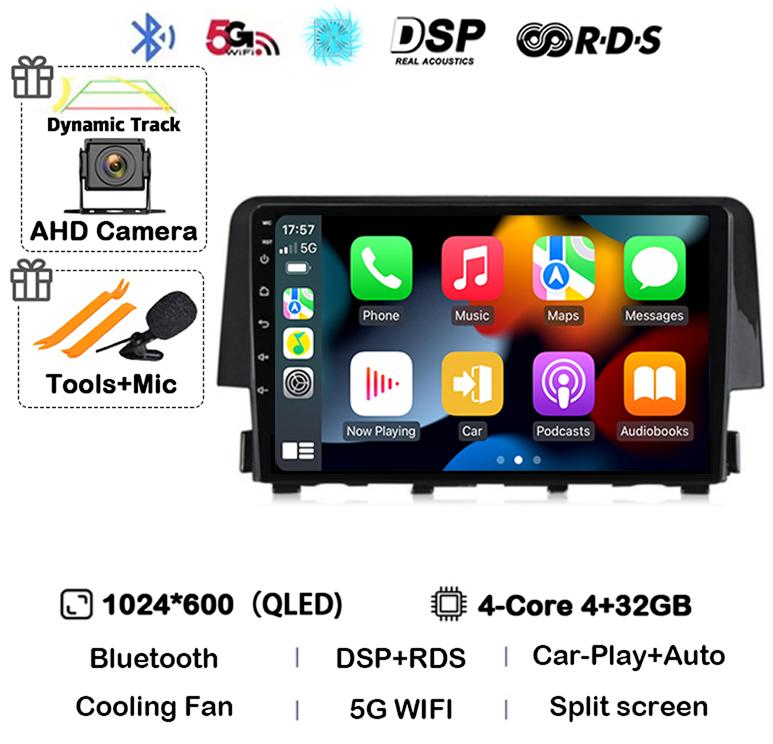 Android 14 Беспроводной Carplay Auto Для Honda Civic 2016 2017 2018 2019 2020 Автомагнитола Стерео Мультимедийный Плеер GPS 4G+WIFI DSP