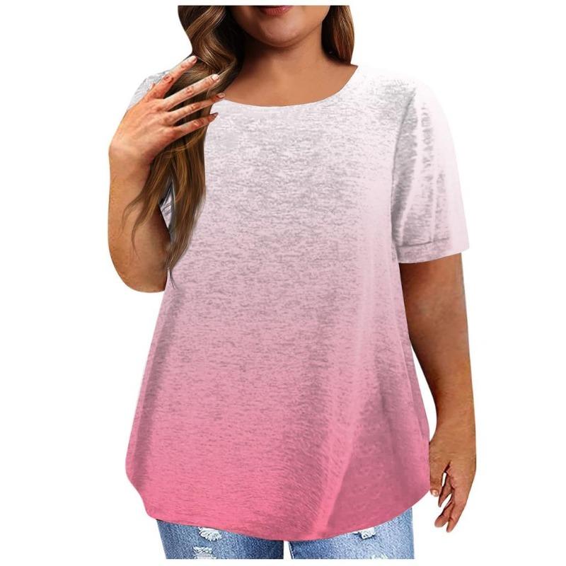 Women's Vintage Gradient Pleated 3D Short Sleeve Casual Imitation Cotton T-shirt Plus Size Pullover Basic Top