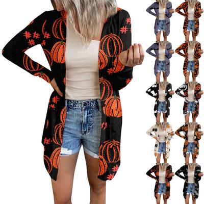 Женская мода, повседневный кардиган с длинными рукавами и принтом на Хэллоуин, куртка на пуговицах средней длины, пальто