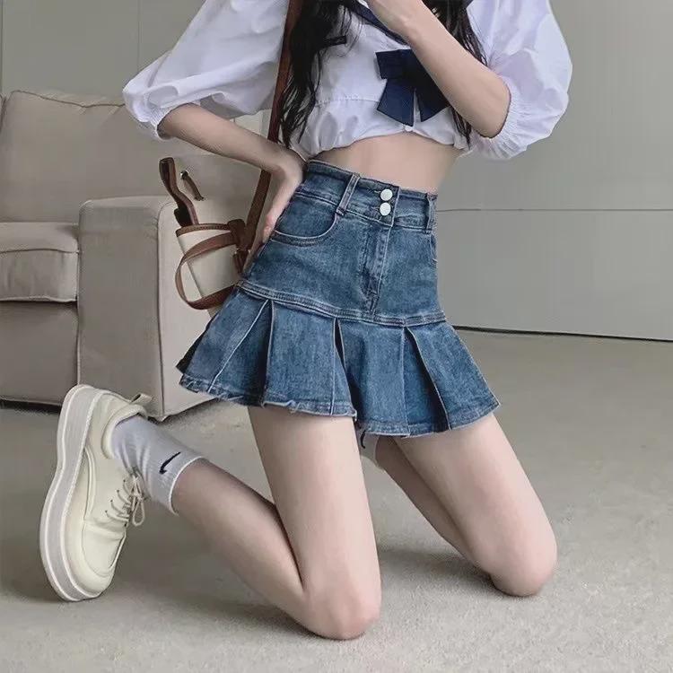 High-Waist Pleated Denim Skirt: 2023 Spring/Summer Slim A-Line Short Skirt for Women