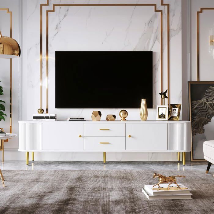 Lemonbest Meuble TV 170 cm Moderne avec tiroirs et côtés ondulés Bords incurvés, Meuble tv bas avec poignées et Pieds dorés - Blanc