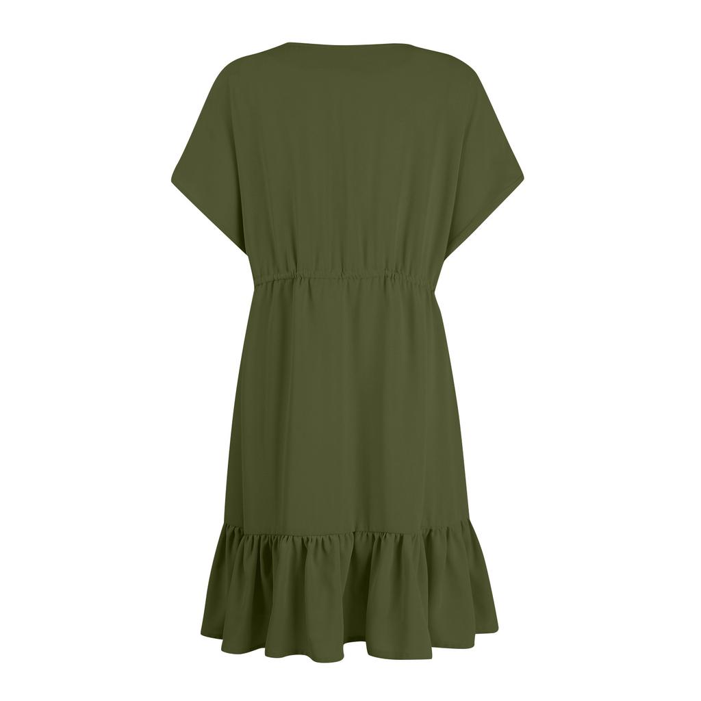Womens Summer Dresses Short Sleeve V Neck Drawstring Casual Ruffle A-Line Swing Dress