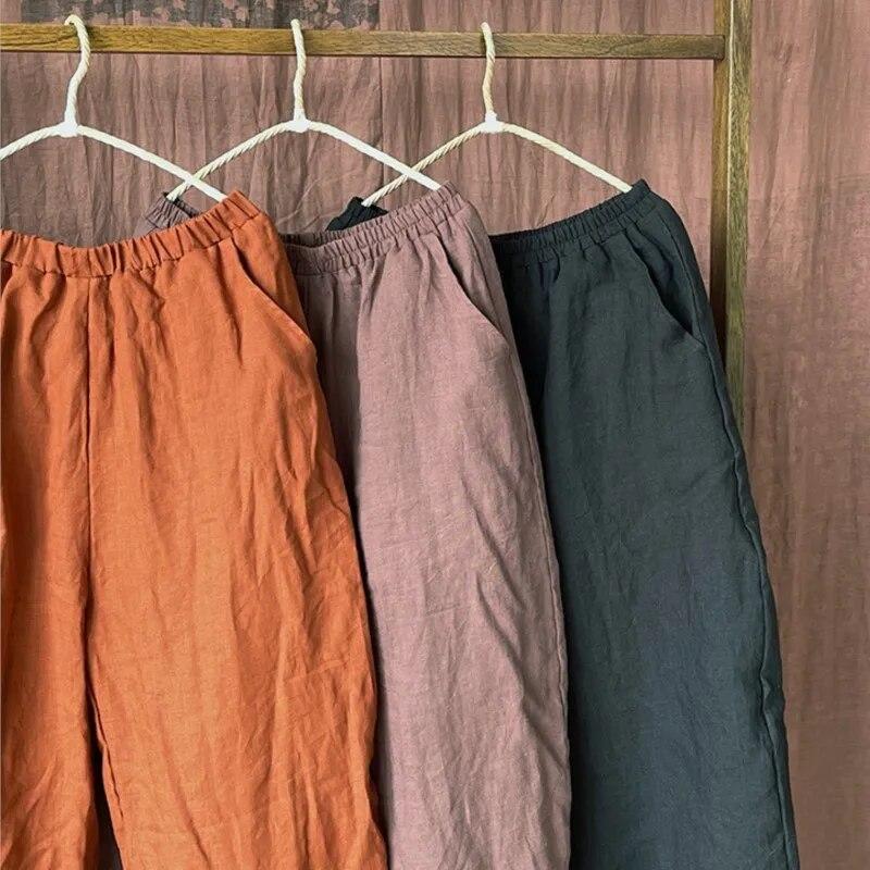 Johnature Женские винтажные льняные брюки с эластичной резинкой на талии плюс хлопковые теплые зимние брюки, однотонные свободные длинные брюки с карманами