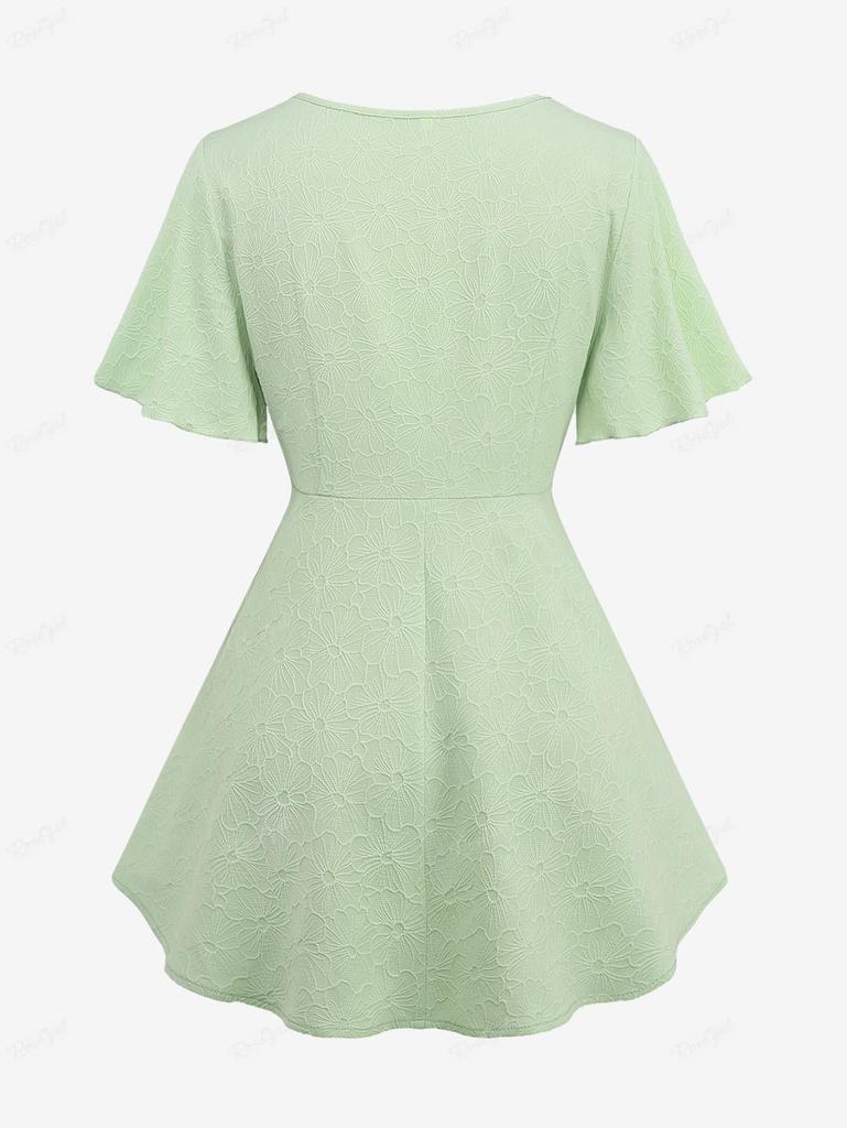 Rosegal Plus Size Flower Jacquard Ruched Ruffles Blouse