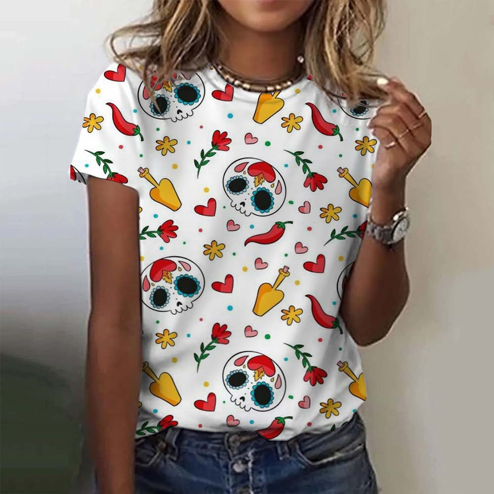 Summer Round Neck 3D Colorful Skull Pattern Print Top Fashionable Casual Short Sleeved Women's T-shirts