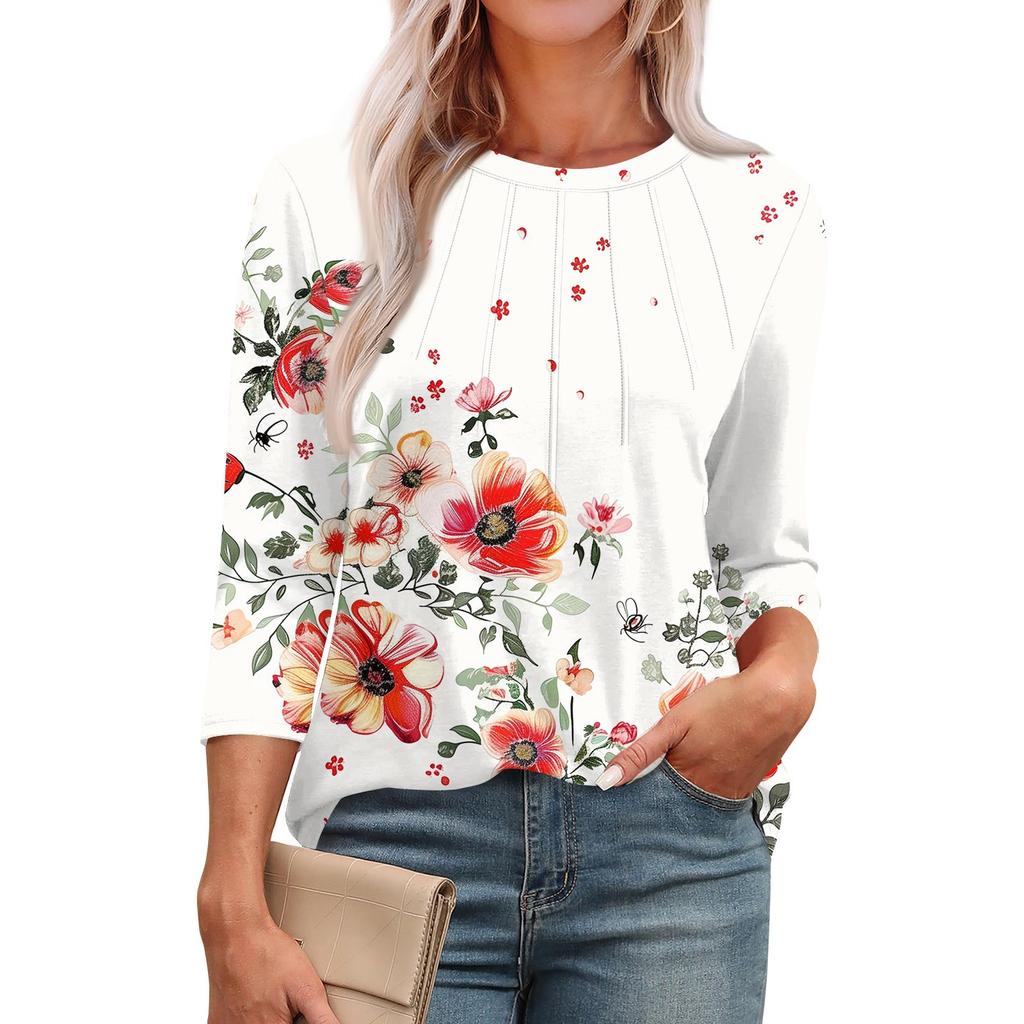 Женская модная повседневная футболка с круглым вырезом и рукавом семь четвертей в стиле ретро с принтом, плиссированная футболка