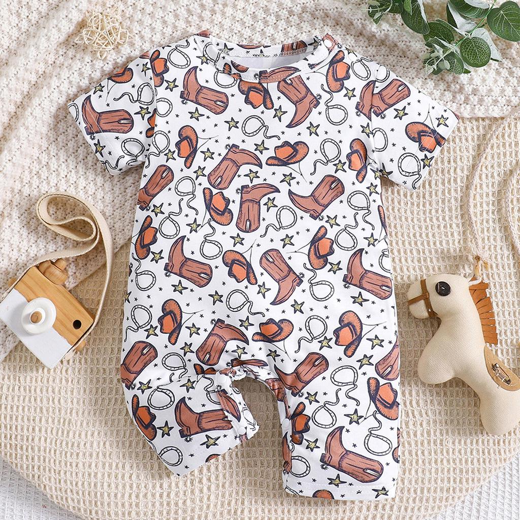 Infant Baby Boy Cute Cowboy Hat Print Short Sleeve Casual Style Jumpsuit