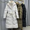 Women's Winter Autumn Hooded White Duck Down Jacket Coat Loose Long Solid Color Big Pocket Belt Waist Down Coat