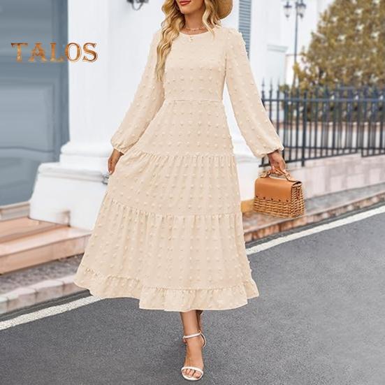 Платье для женщин осень-зима с длинными рукавами-фонариками, А-силуэтом, круглым вырезом, большим подолом, аппликацией в горошек, плиссированное, однотонное, для свиданий, поездок на работу, миди-платье