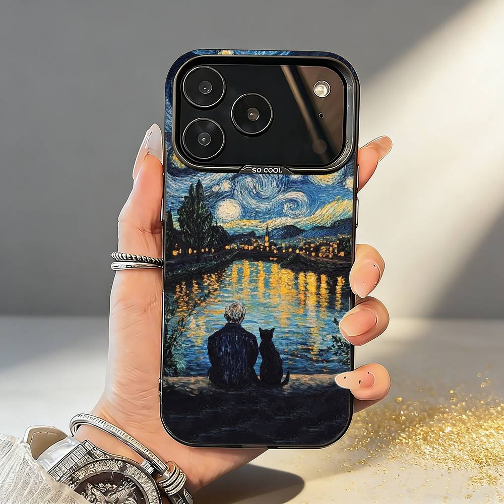 Чехол для телефона V-Van G-Gogh Звездная ночь Для iPhone17,16,15,14,13,12,11,Pro,MAX Серый Матовый Силиконовый Черный Чехол