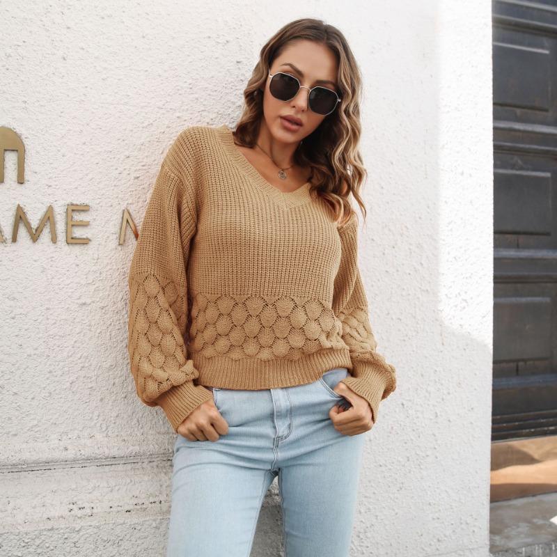 Women Loose Fit Lantern Sleeve Knit Sweater For Autumn Winter