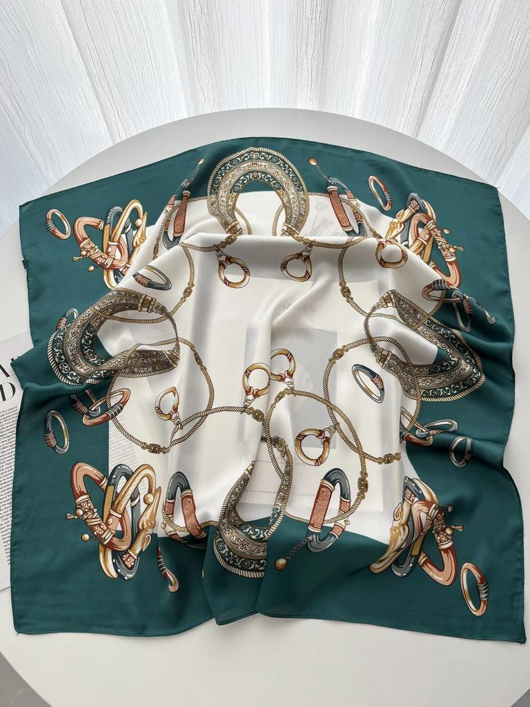 Luxury Ink Charm Landscape Print Shawl Square Scarf for Women Satin Neckerchief Female Hair Bands Ribbon Headband Bandana