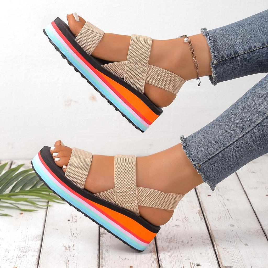 Women's Black & White Roman-Style Sandals with Thick Sole, Faux Hemp Rope Design, Perfect for Summer Style