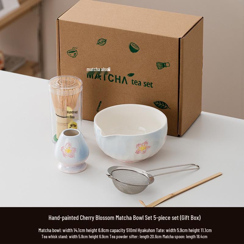 Handmade Japanese Cherry Blossom Matcha Bowl with Whisking Tool, Imitation Song Dynasty Tea Stirrer, and Hyakuhon-date Chasen Stand