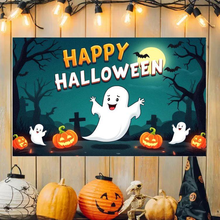 Happy Halloween Tapestry Cute Ghost Pumpkin Graveyard Bat Tree Art Wall Hanging Holiday Party Bedroom Dorm Decor Cloth