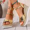 Модные золотые босоножки-клинья с открытым носком для женщин 2025 летняя мода ремешок с пряжкой высокий каблук сандалии женские туфли на платформе женская обувь