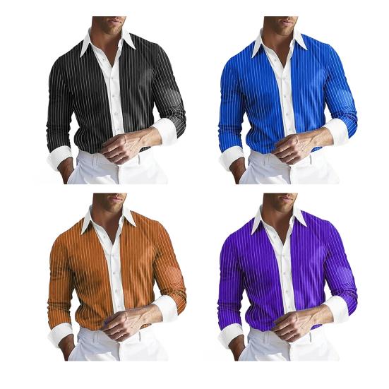 Men Shirt Long Sleeve Lapel Design Shirt Tops with Buttons Placket Striped Print Patchwork Color Work Shirt