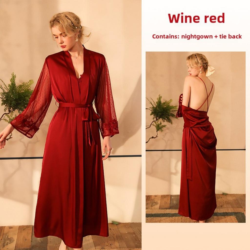 Сексуальная ночная рубашка, удлиненный халат, пижама, длинные рукава, женская атласная домашняя одежда