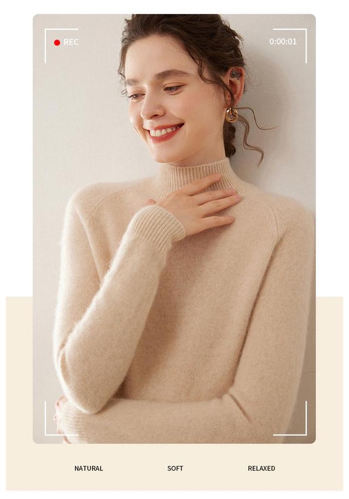 Women's 100% Pure Cashmere Soft Knit Sweater, Half-High Neck, Loose, Skin-Friendly, Slimming Base Layer