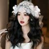 Lace Floral Bride Headdress Pearls Beads Wedding Headwear Elegant Bridal Hat  Banquet