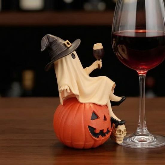 Resin Spooky Home Decor Cute Ghost Figurine, Sitting on Pumpkin Statue with Witch Halloween Table Hat, Tabletop Ornament for Party Funny Shelf Doll